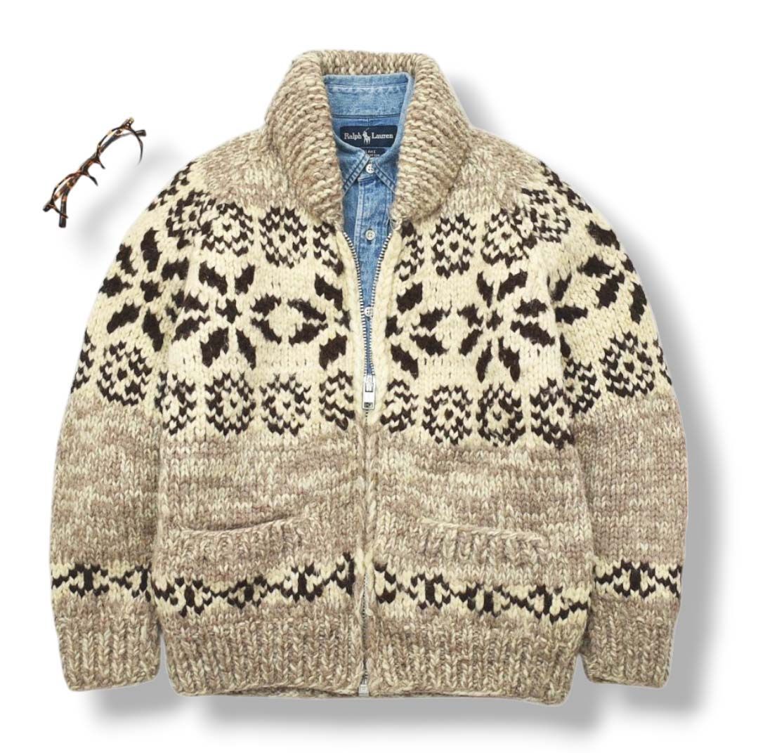 ヴィンテージ カナダ製 TUAK カウチンセーター ネイティブ柄 白 x 茶