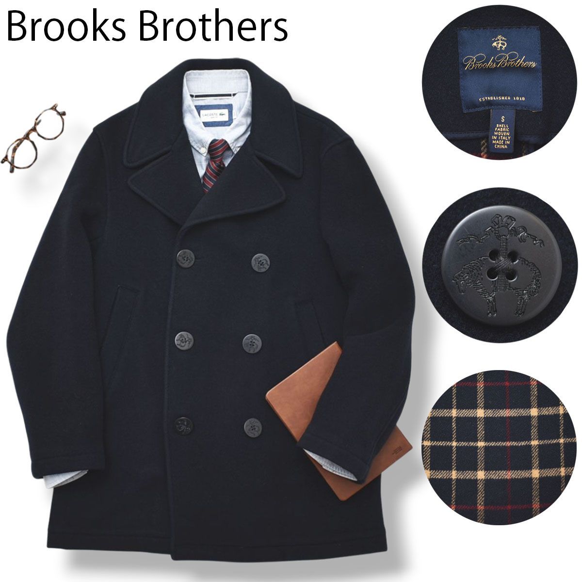 上質 ブルックスブラザーズ ウール ハーフ ダブルブレスト ピーコート S 紺