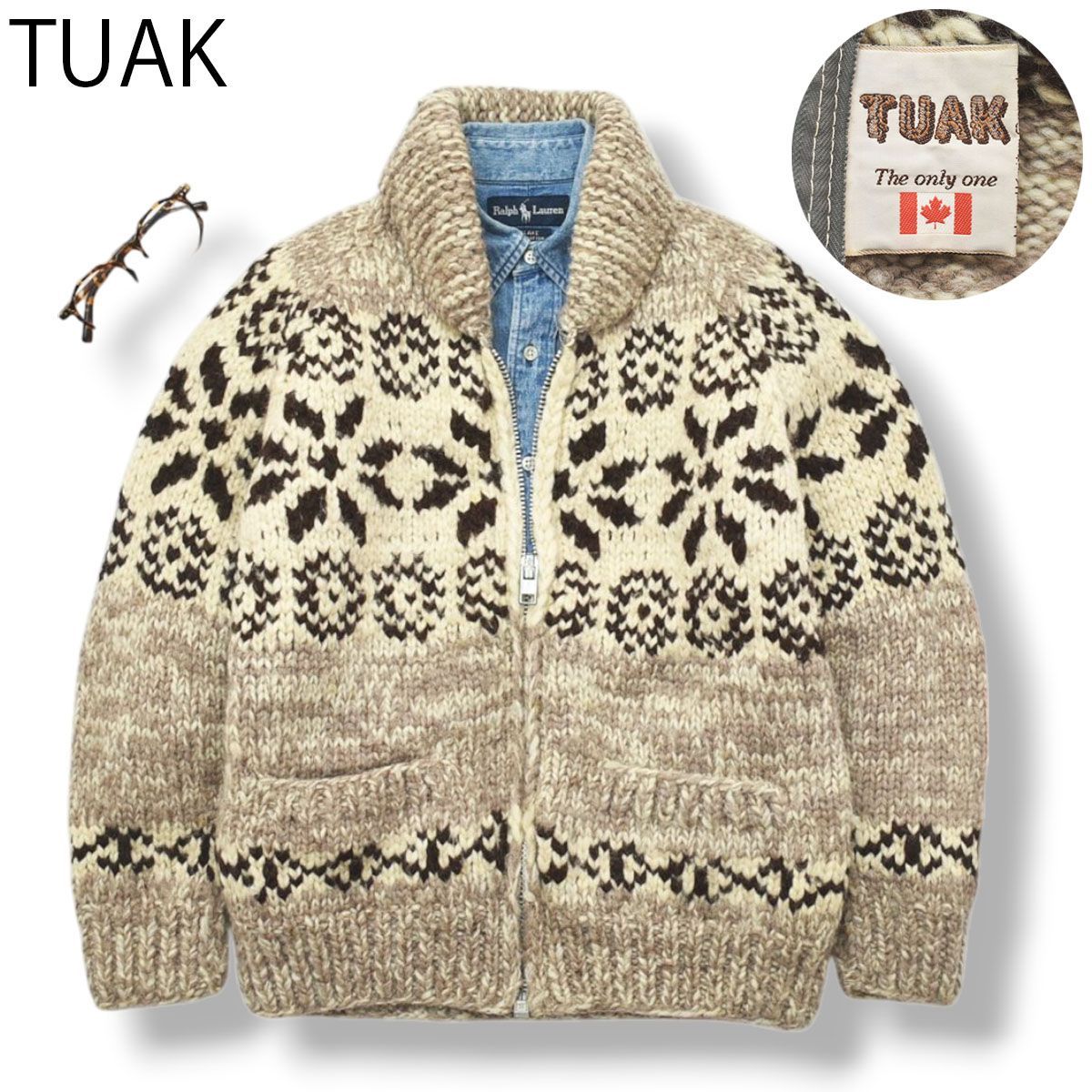 ヴィンテージ カナダ製 TUAK カウチンセーター ネイティブ柄 白 x 茶