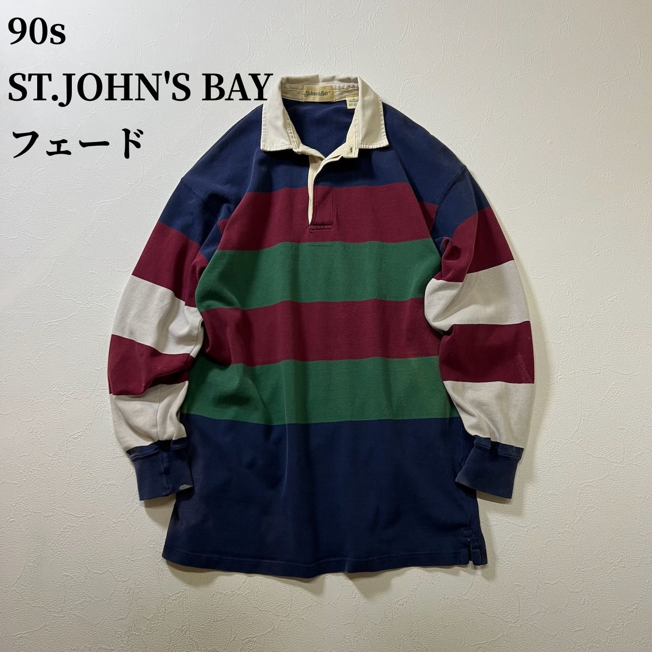 90 s ST.JOHN BAY ボーダー ラガーシャツ プルオーバー 長袖シャツ セントジョンズベイ ネイビー グリーン ボルドー M 古着