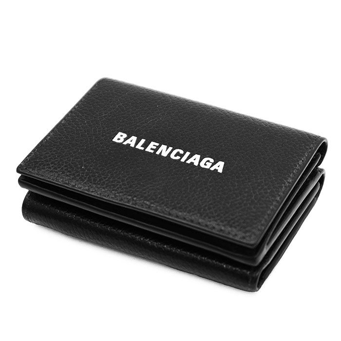 BALENCIAGA バレンシアガ CASH MINI WALLET キャッシュ ミニウォレット レザー 三つ折り財布 ロゴ プリント 刻印 小物 箱 袋付属 ブラック ホワイト 黒 白