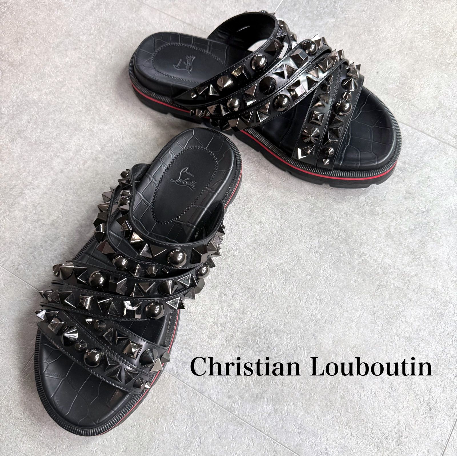 Christian Louboutin クリスチャンルブタン スタッズ サンダル ブラック スライドサンダル クロコ型押し 40 メンズ 25cm