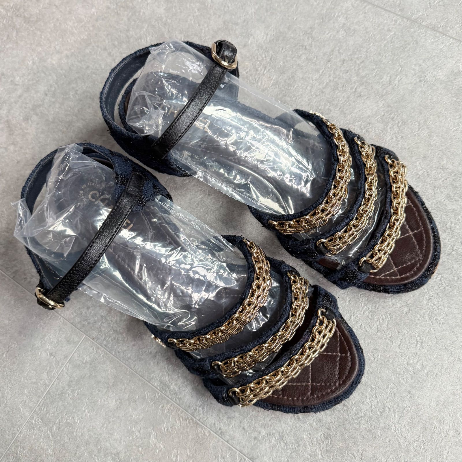 CHANEL シャネル ツイード チェーン ストラップサンダル ココマーク パール ネイビー ゴールド金具 36 C 23 cm