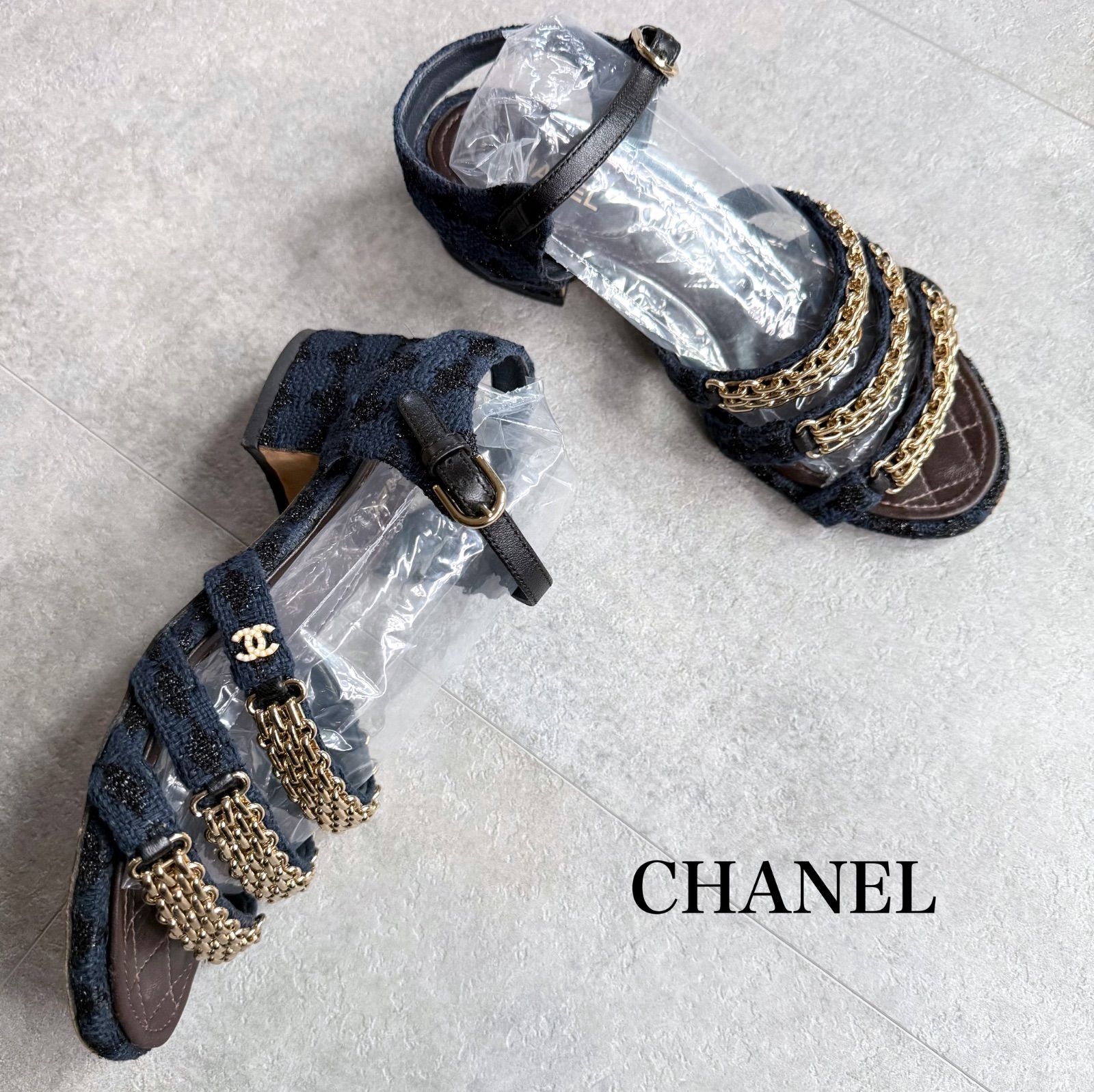 CHANEL シャネル ツイード チェーン ストラップサンダル ココマーク パール ネイビー ゴールド金具 36 C 23 cm