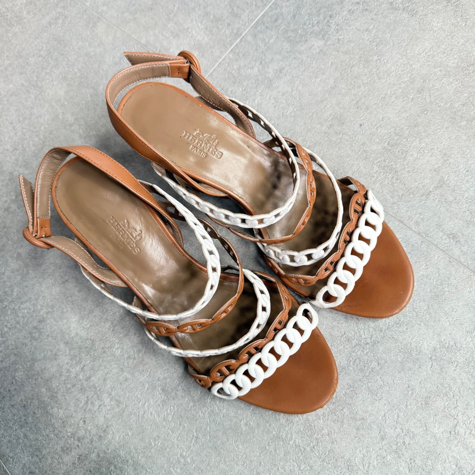 HERMES エルメス ロマンツァ レザー シェーヌダンクル サンダル ブラウン ストラップ レディース 36 1 2 23.5 cm
