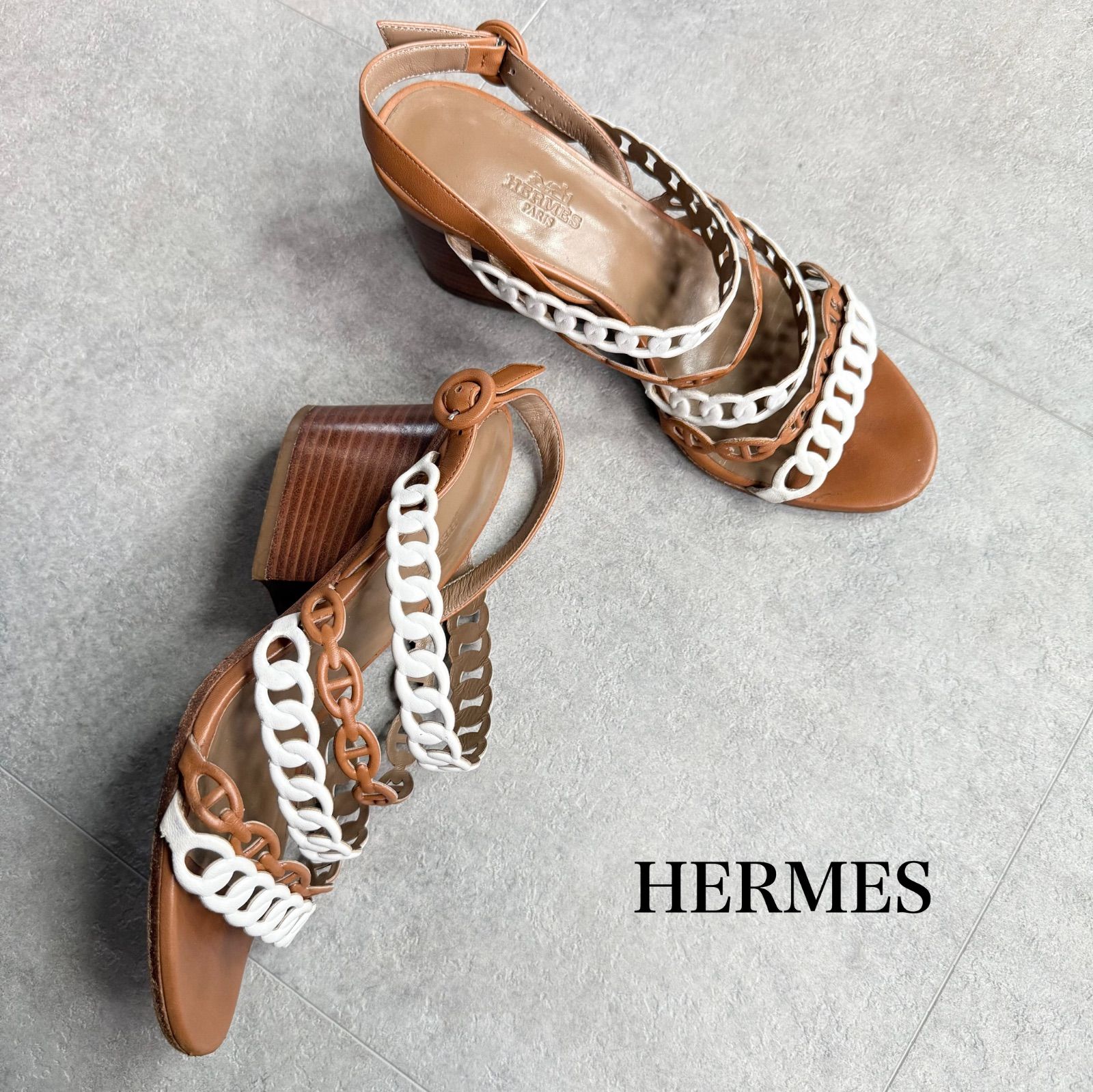 HERMES エルメス ロマンツァ レザー シェーヌダンクル サンダル ブラウン ストラップ レディース 36 1 2 23.5 cm
