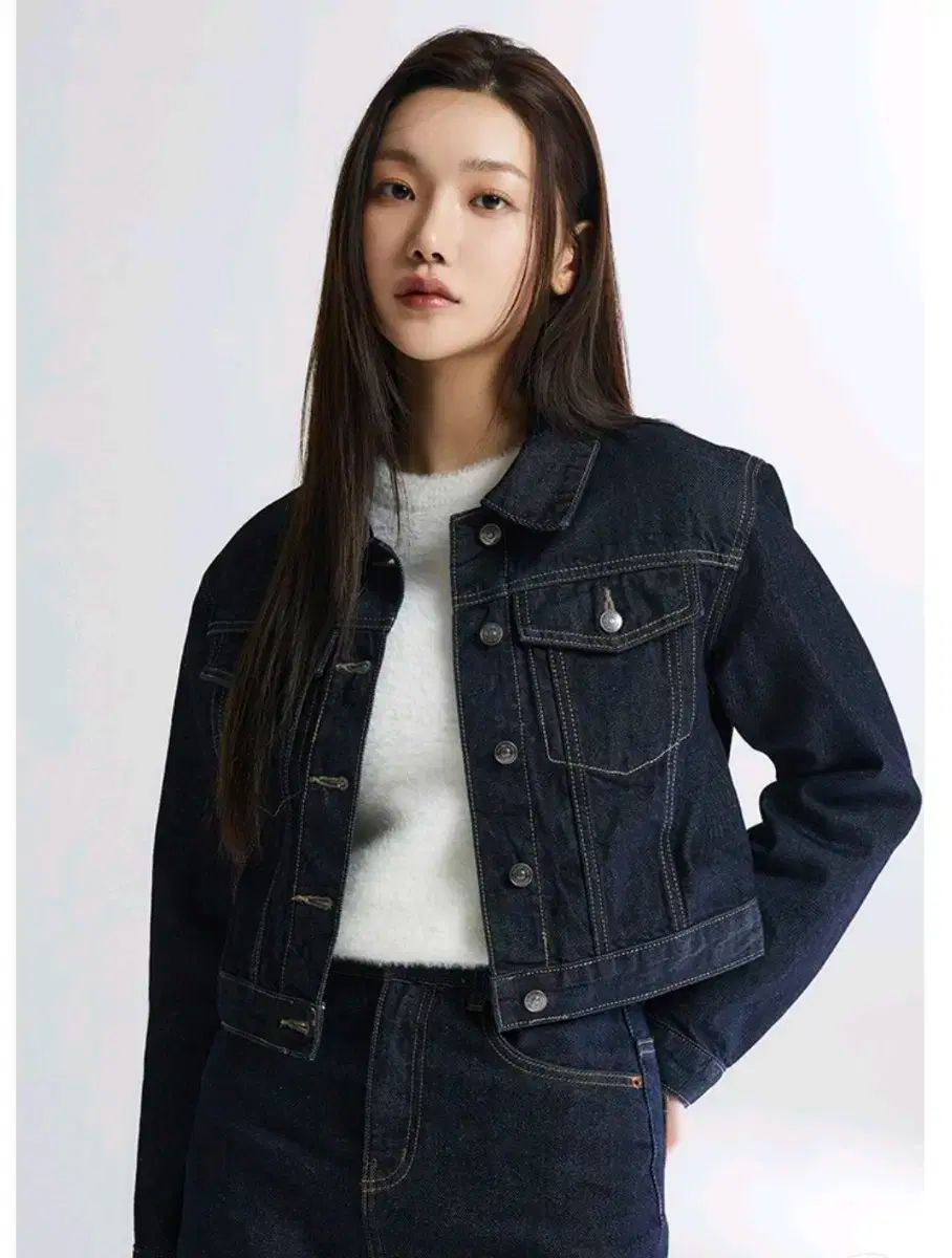 SPAO デニム クロップド デニム トラッカー ミニスカート セットアップ ネイビー S