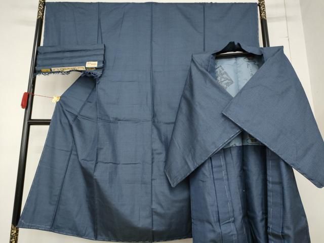 平和屋着物○男性 紬 アンサンブル 長羽織 80亀甲 変わり格子文 正絹 逸品