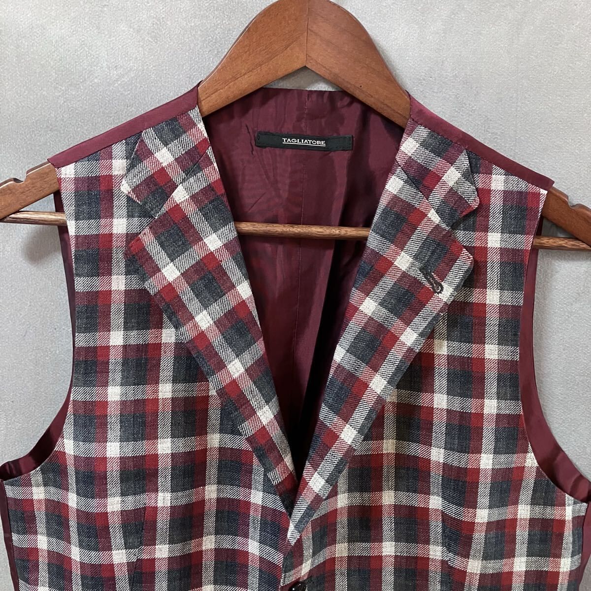 タリアトーレ DENNIS リネン ジャカード テーラード ジレ オッドベスト size.46 R M レッド 総柄 チェック