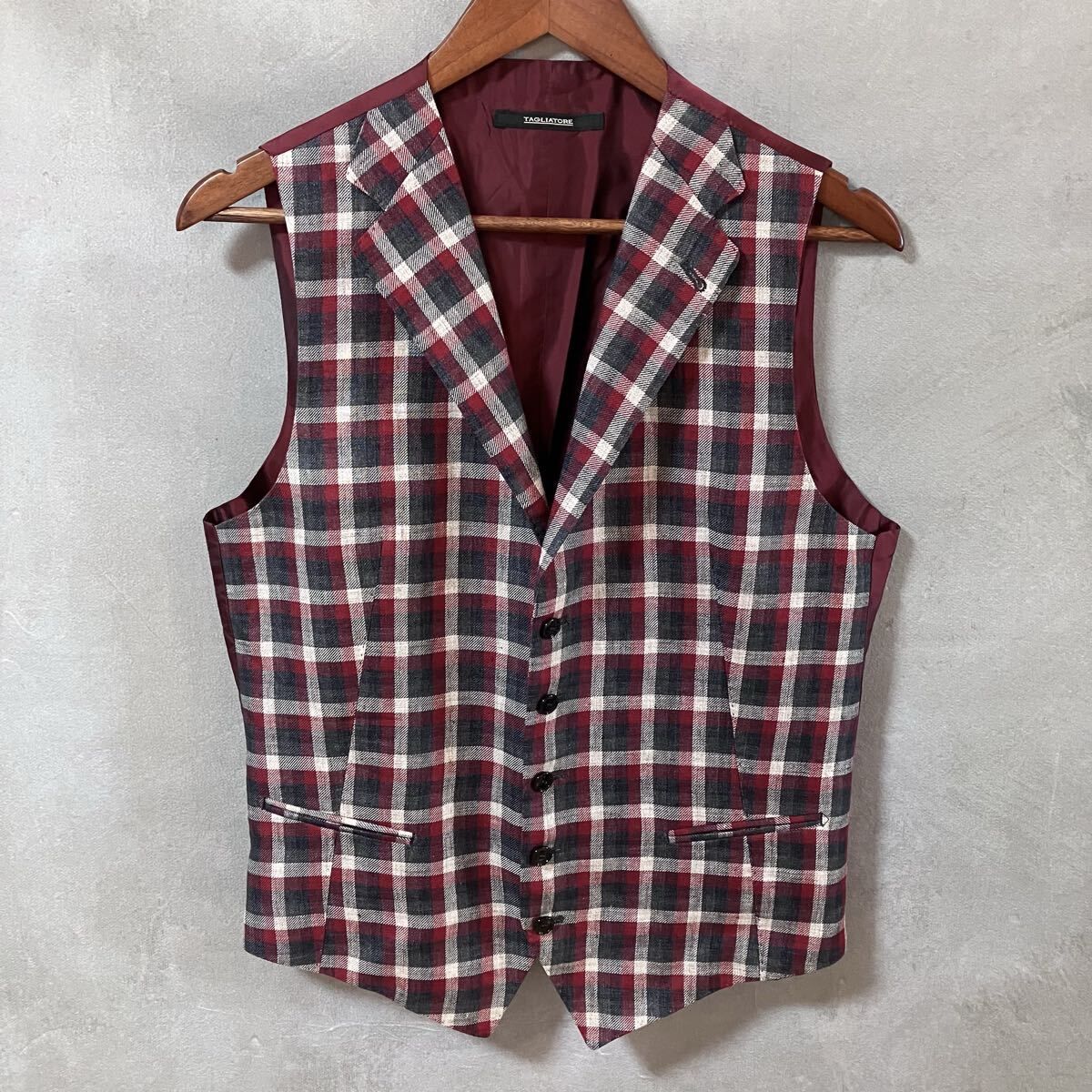 TAGLIATORE タリアトーレ DENNIS リネン ジャカード テーラード ジレ オッドベスト size.46 R M レッド 総柄 チェック