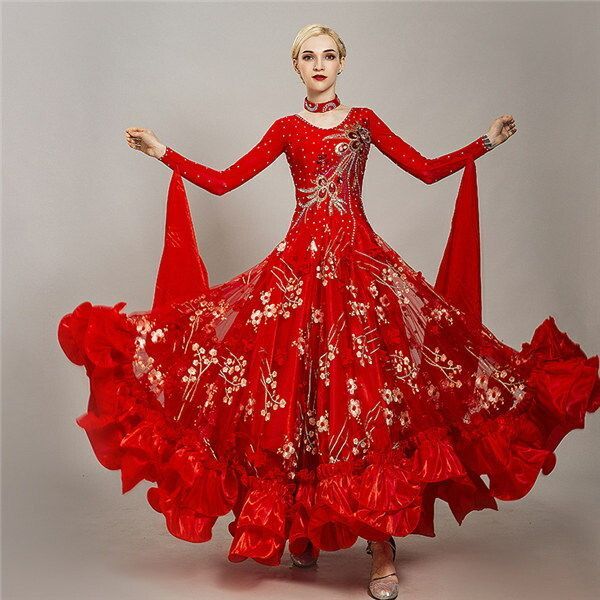 社交ダンスドレス フロート 上品 大きい裾 豪華 競技着 練習着 演出用 ドレス ドレス ワルツダンス ダンス衣装 パーティー用 ラテン衣装 モダンドレス 衣装 ダンス発表会