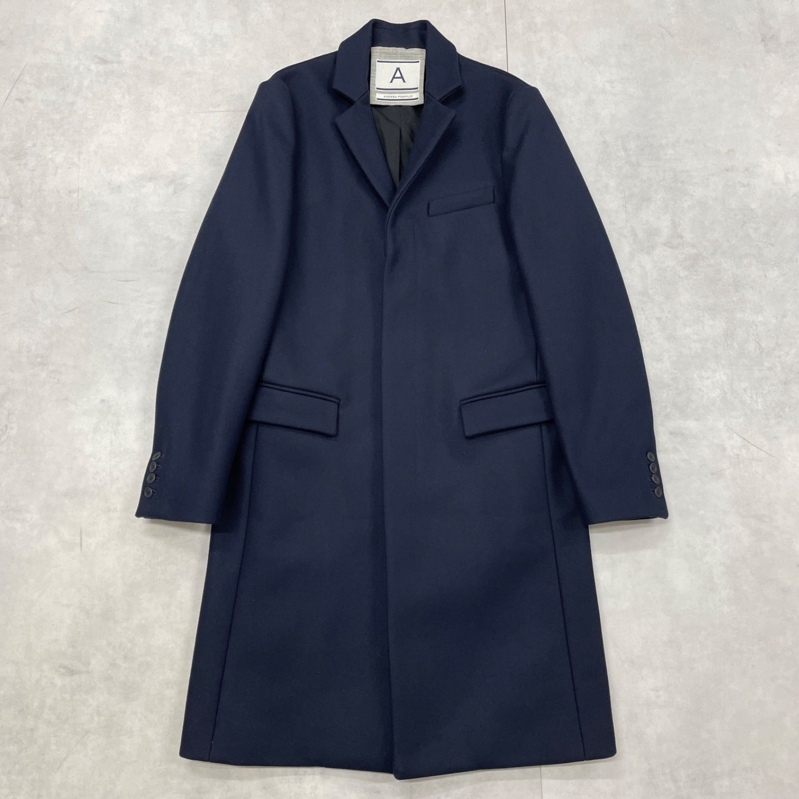 ANDREA POMPILIO アンド ポンピリオ チェスターコート ロング メルトンウール 比翼 ウール カシミヤ ネイビー イタリア製 メンズ 46