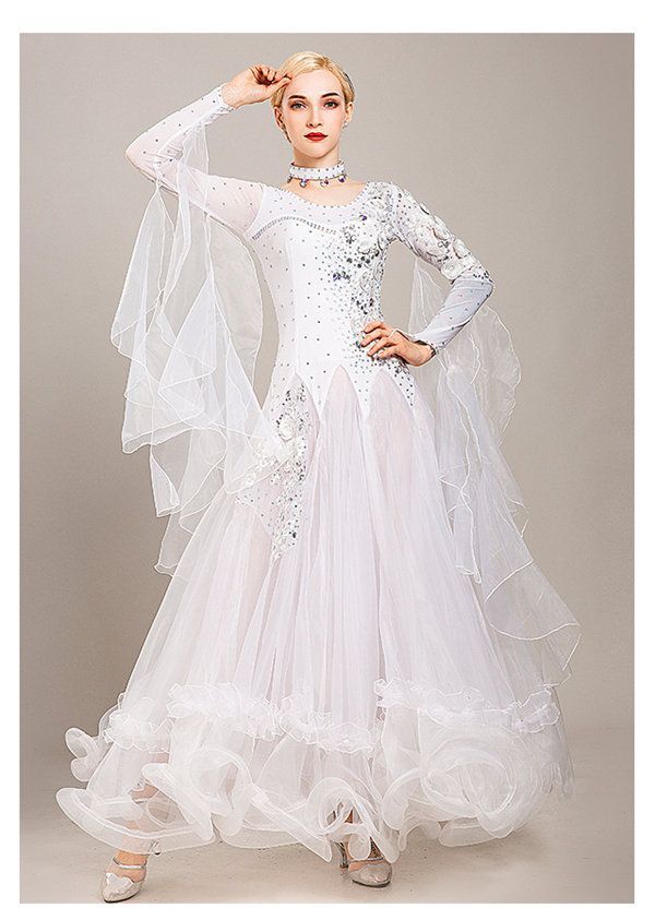  社交ダンスドレス フロート 上品 ダンス衣装 モダンドレス 衣装 長袖 ビジュー ラウンドネック ボリュームスカート 豪華 練習着 ルンバ サンバ ドレス ワルツダンス ドレス ダンス衣装 社交ダンス