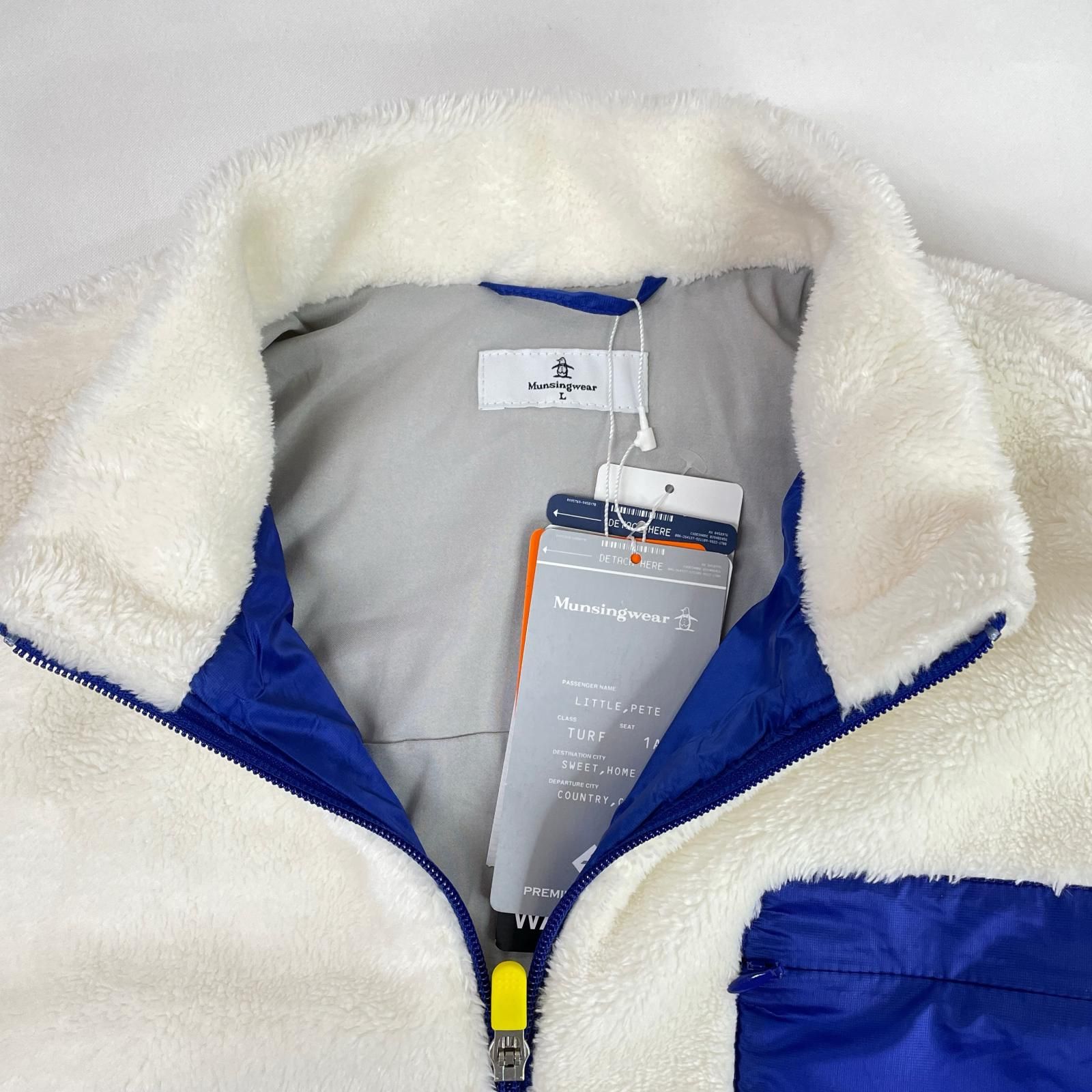  レディース マンシングウェア Munsing wear ブルゾン L 白×青 ホワイト×ブルー ファー ストレッチ 蓄熱保温 ジャケット レディースウェア