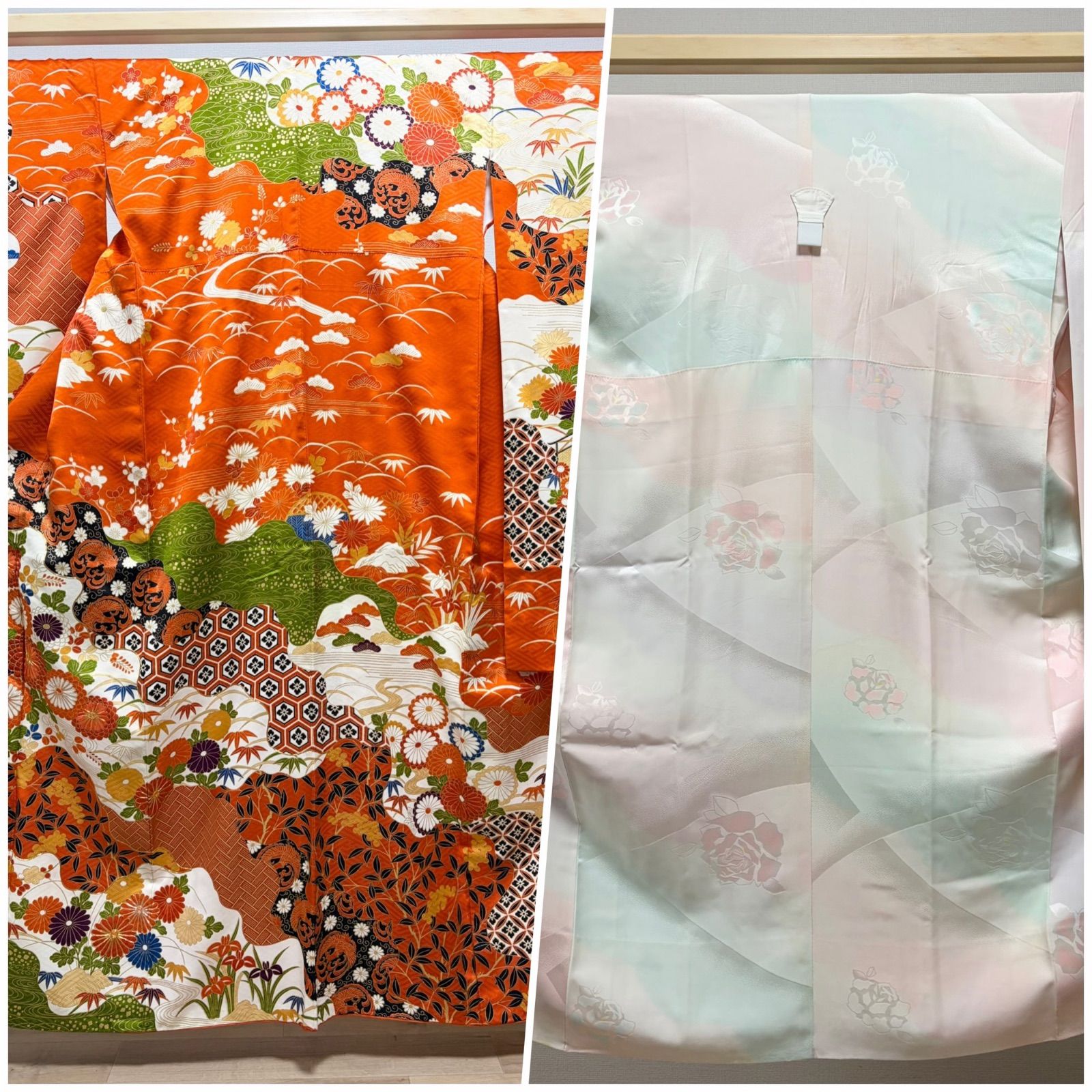 C◆着物くつろぎ 豪華 季節の花々 金彩 金駒刺繍 袷 正絹 成人式 振袖 着物 C ◇着物くつろぎ 振袖襦袢セット 花々模様 金駒刺繍 金彩 オレンジ