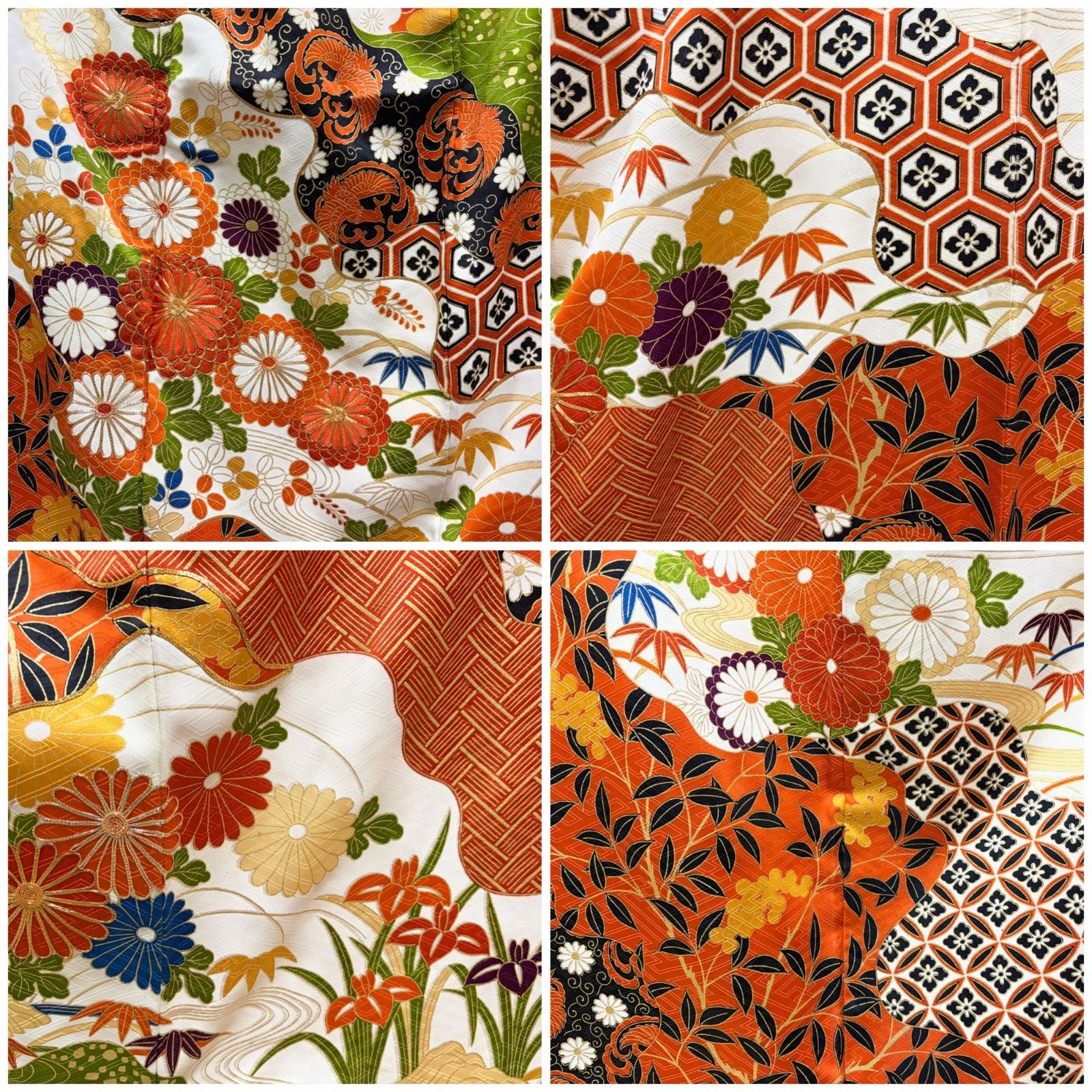 C ◇着物くつろぎ 振袖襦袢セット 花々模様 金駒刺繍 金彩 オレンジ