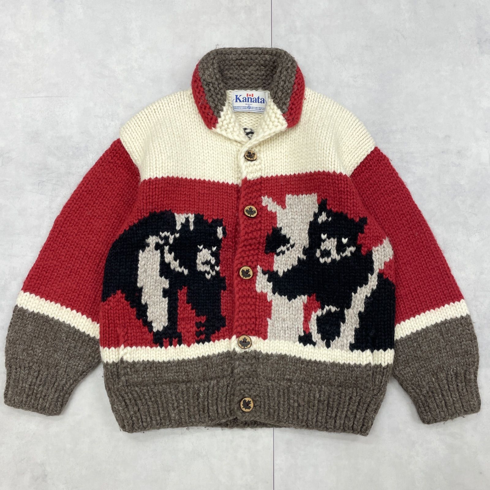 Kanata カナタ カウチンニットカーディガン くま ベア アニマル柄 ウール 赤 ブラウン 白 カナダ製 メンズ