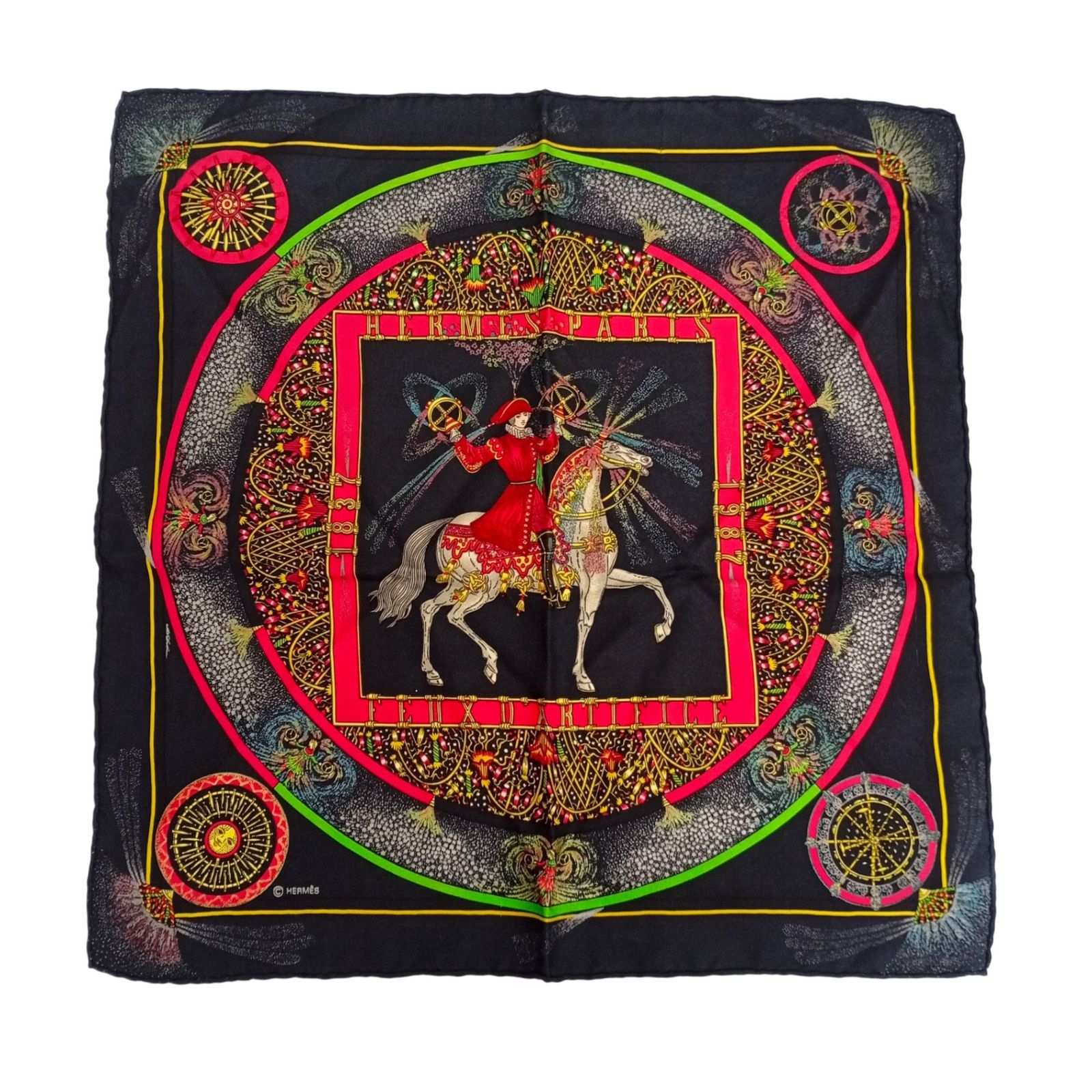 HERMES エルメス スカーフ カレ45 プチカレ FEUX 技巧の炎 技巧の火 シルク100％ タグ無し JA-2
