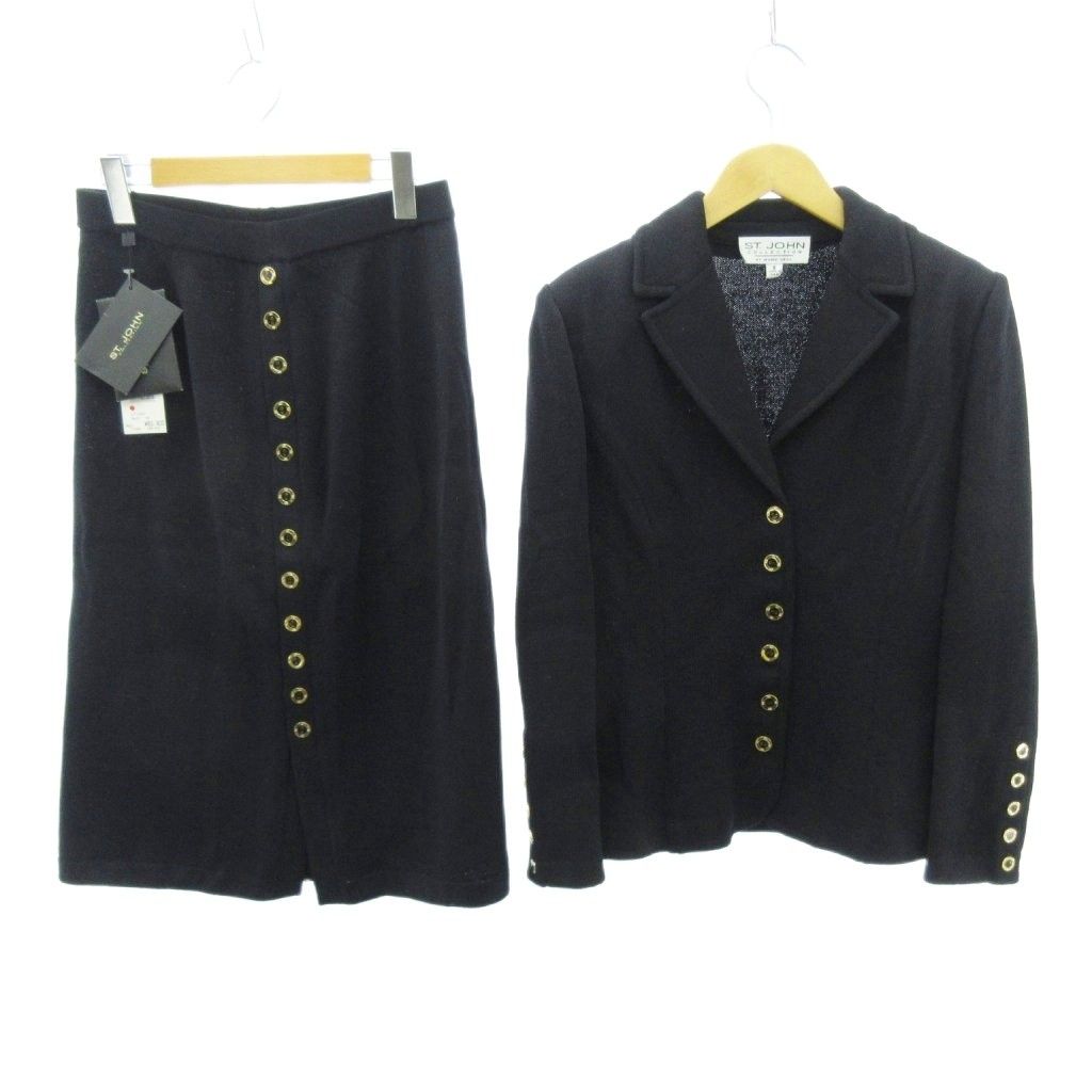 セントジョン ST.JOHN スカートスーツ セットアップ 上下 金ボタン 黒 ブラック 上6 下8 約S~M