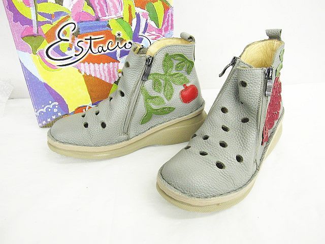 Estacion エスタシオン レザー ブーツ シューズ グレー系 りんご ぶどう F 3028 サイズM 約23 cm相当 LF 0052 1109 3