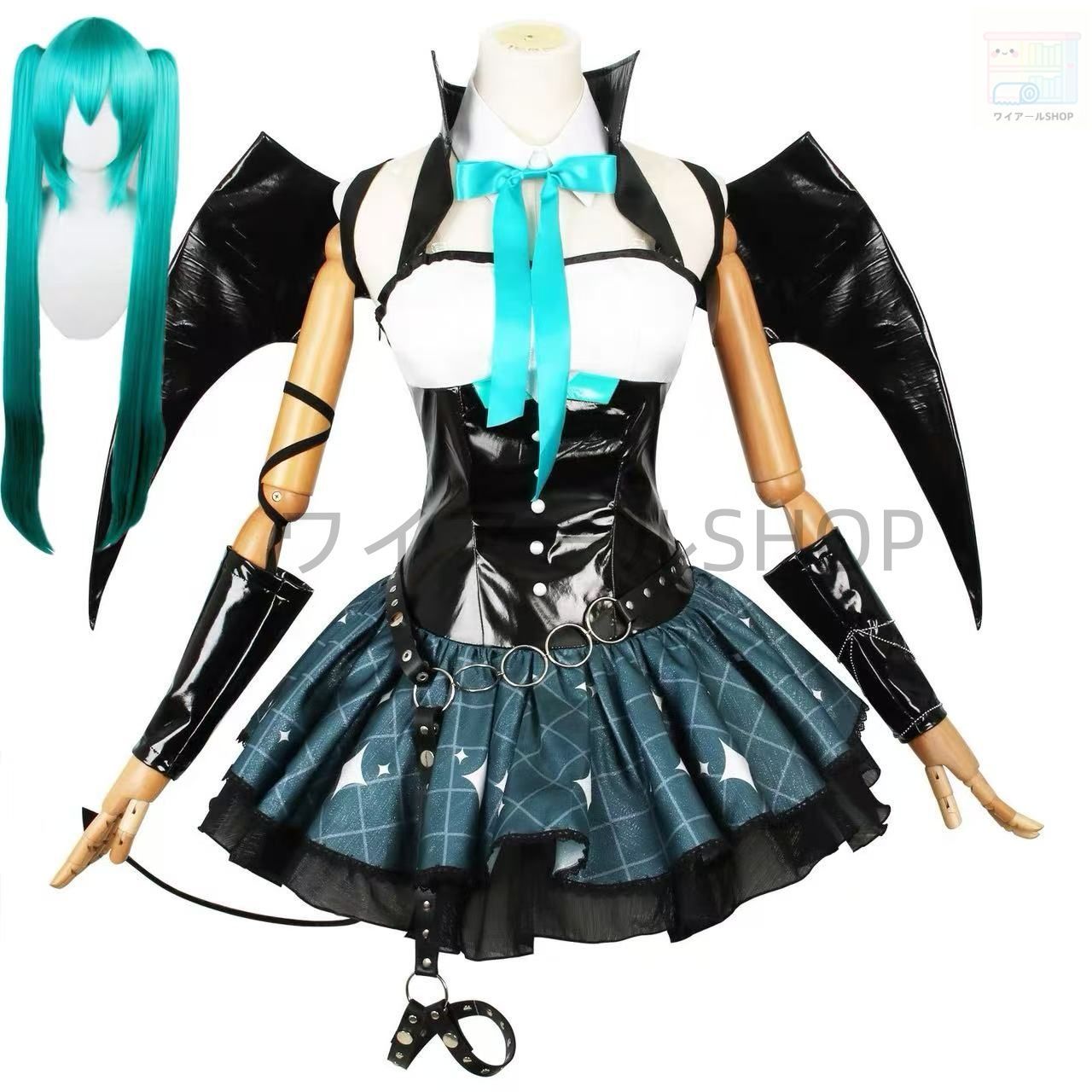 ボーカロイド 初音ミク あらいぐまラスカル 悪魔 PU革 コスプレ衣装 cosplay 仮装 翼付き ウィッグ イベント ハロウィ