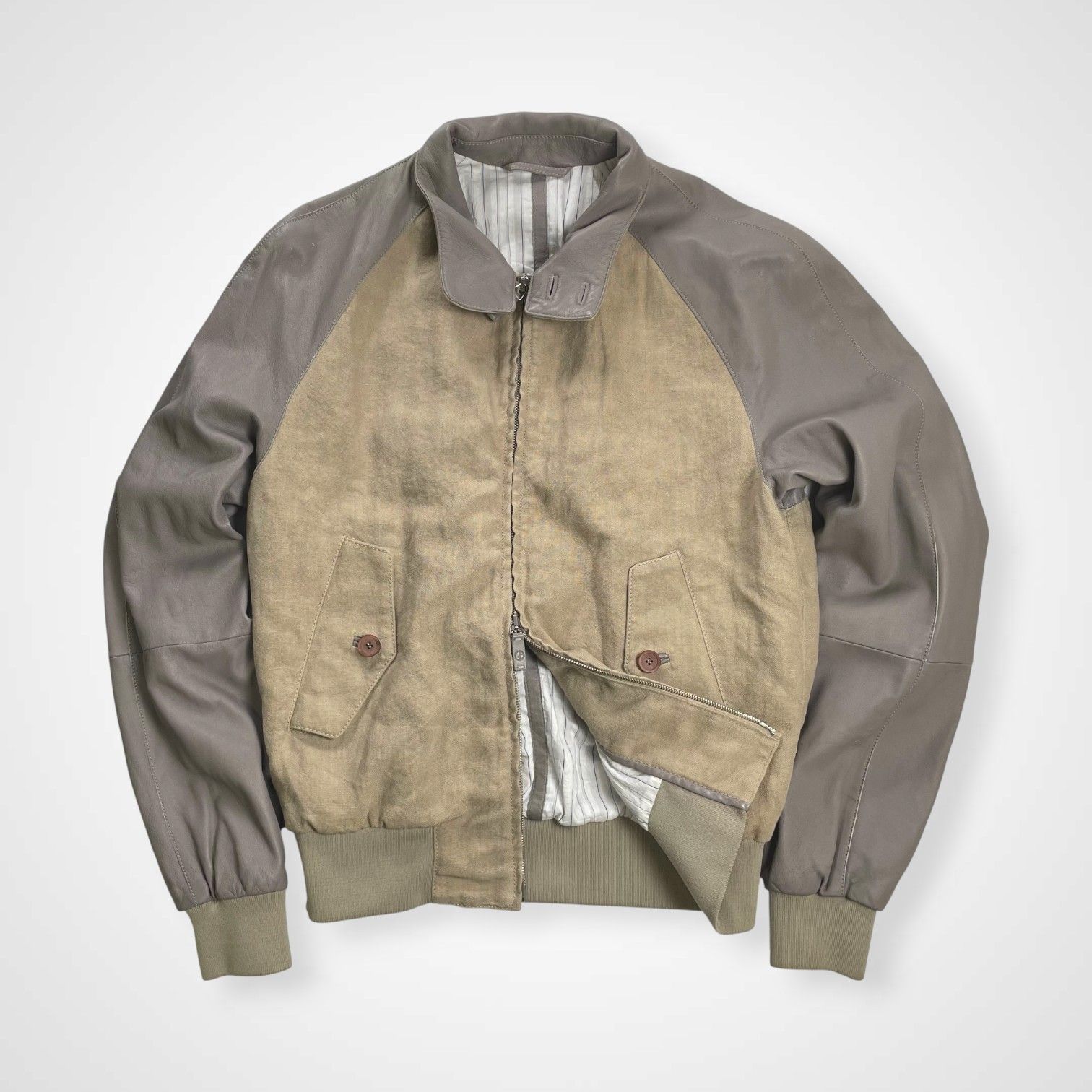 GIORGIO ARMANI ジョルジオ アルマーニ ラムレザー×リネン 異素材MIX ハリントンジャケット ブルゾン G9タイプ 参考定価 300 000程度 SIZE 46 S-M程度