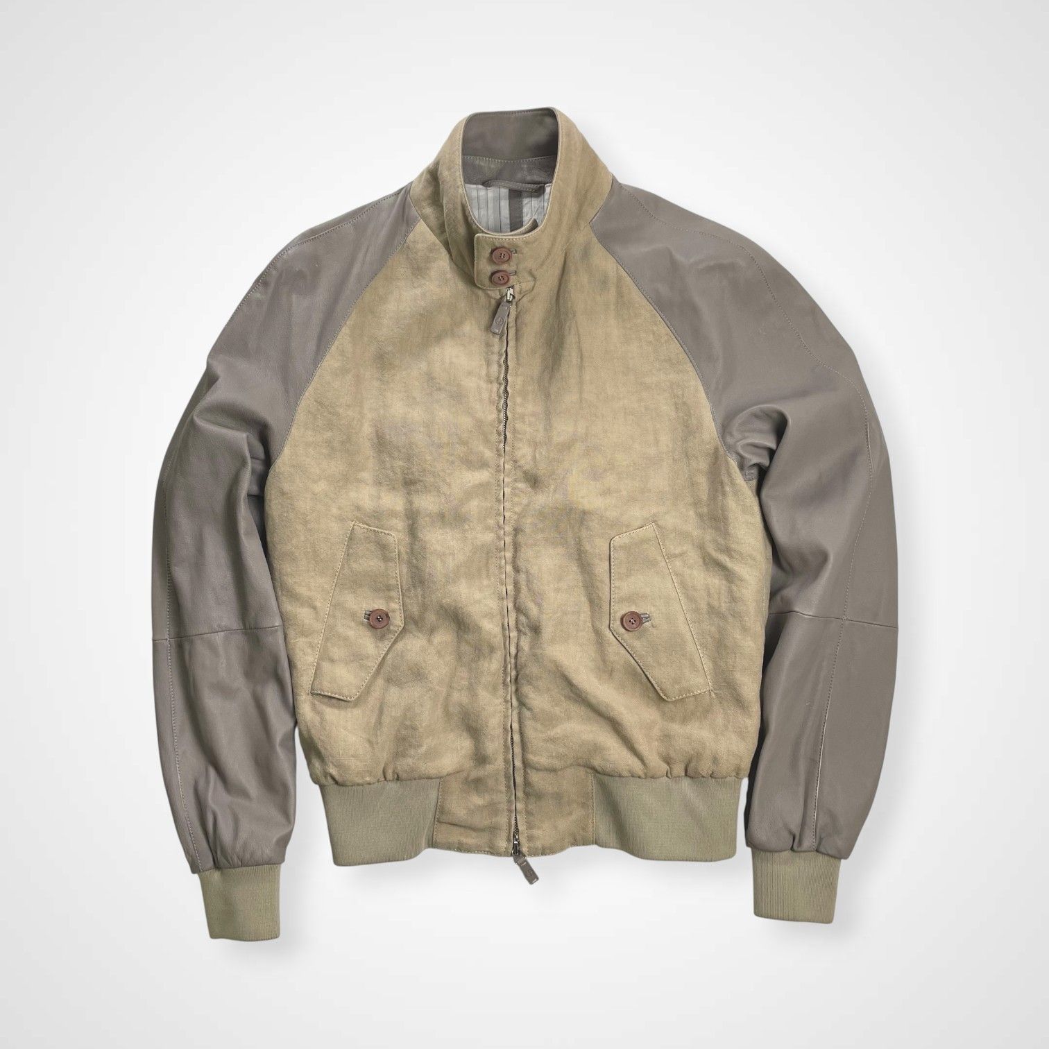 GIORGIO ARMANI ジョルジオ アルマーニ ラムレザー×リネン 異素材MIX ハリントンジャケット ブルゾン G9タイプ 参考定価 300 000程度 SIZE 46 S-M程度