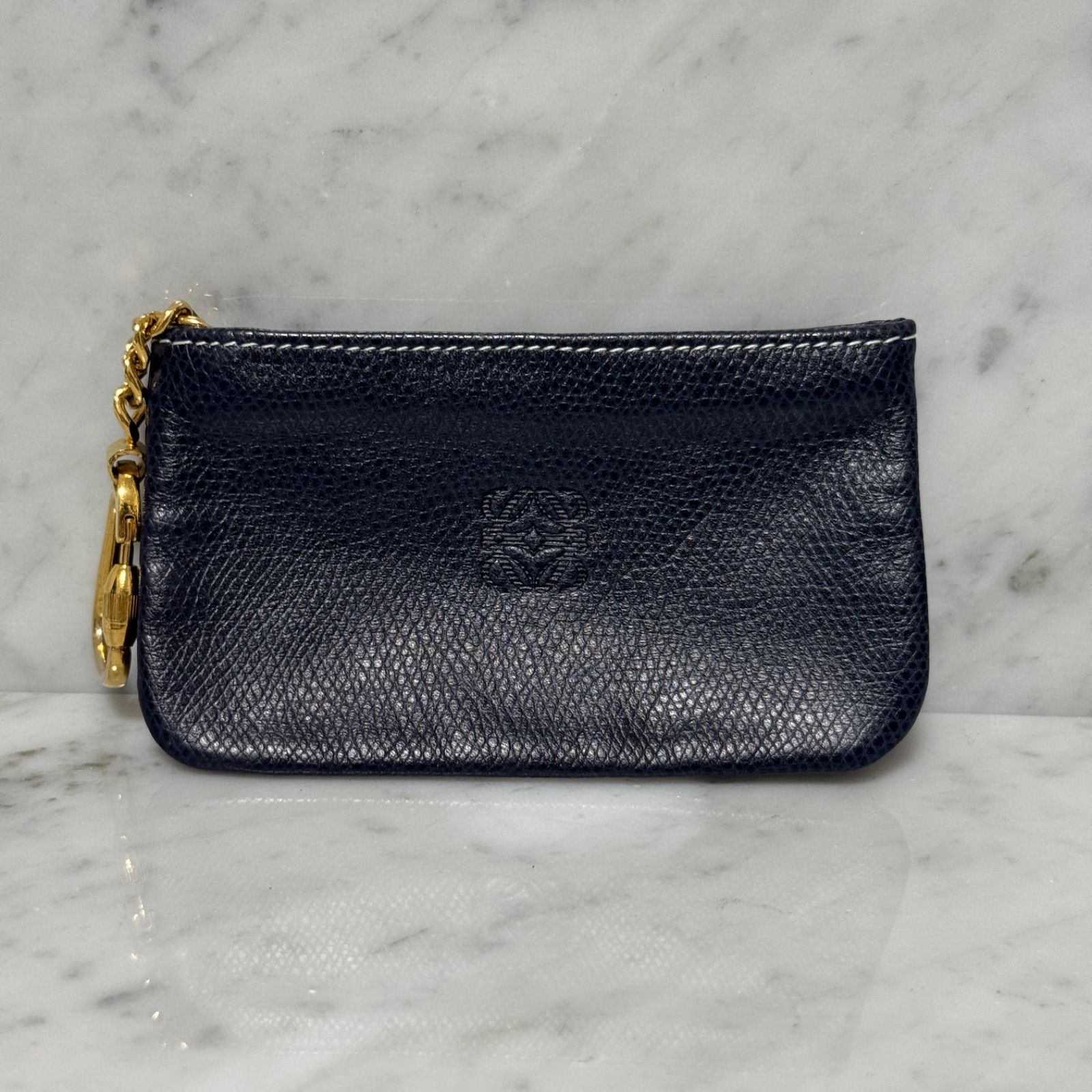LOEWE ロエベ コインケース 小銭入れ 本革 レザー アナグラム チェーン ゴールド ネイビー