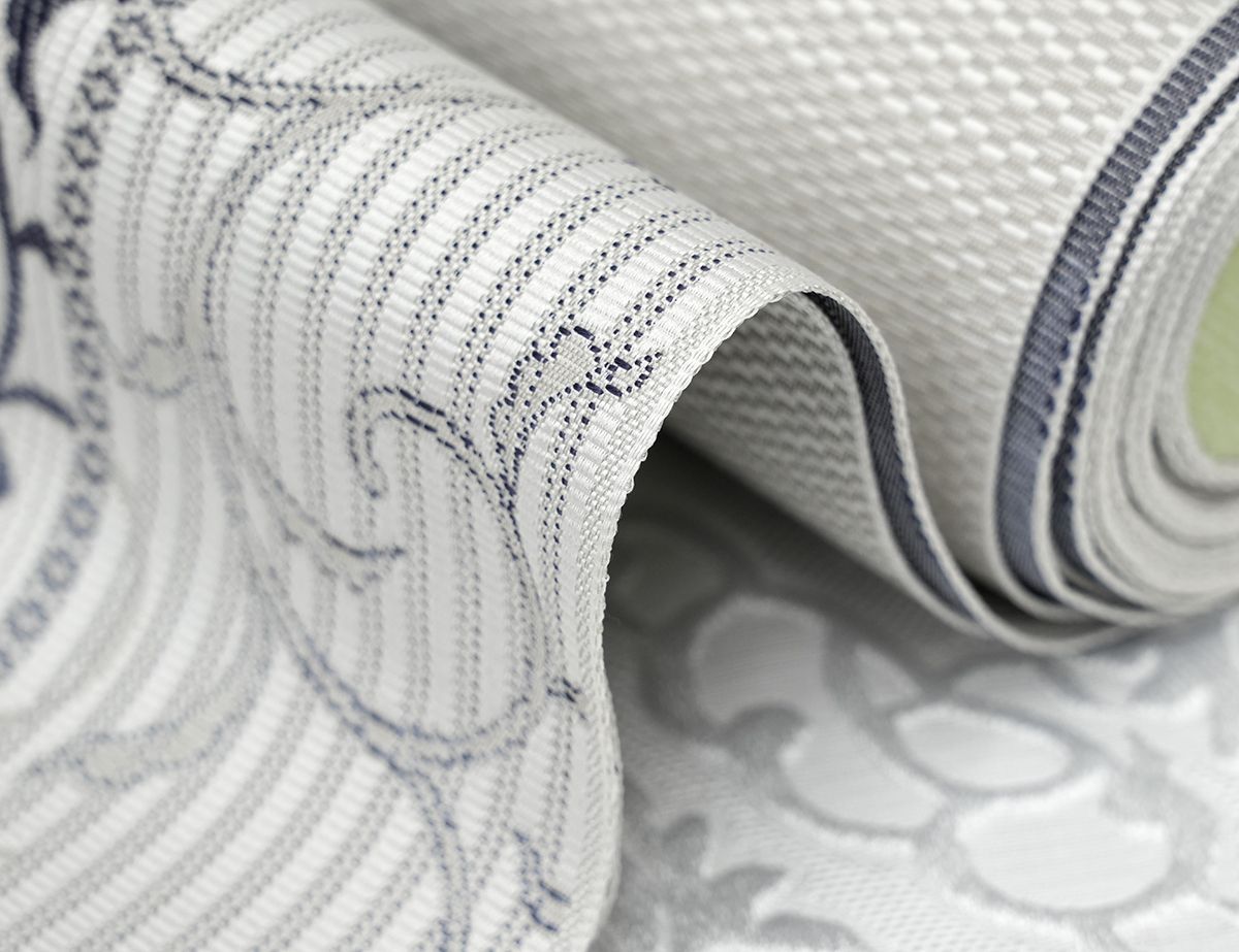 新品未仕立 博多帯 八寸名古屋帯 洋花朱子様葉文柄シルバーグレー仕立代込 新品未仕立 博多帯 協和織 八寸名古屋帯 唐草文様 グレー地 仕立代込み