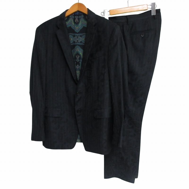 エトロ ETRO シャドーペイズリー ストライプ シングルスーツ セットアップ ウール 裏地総柄 本切羽 総裏 黒 ブラック サイズ50