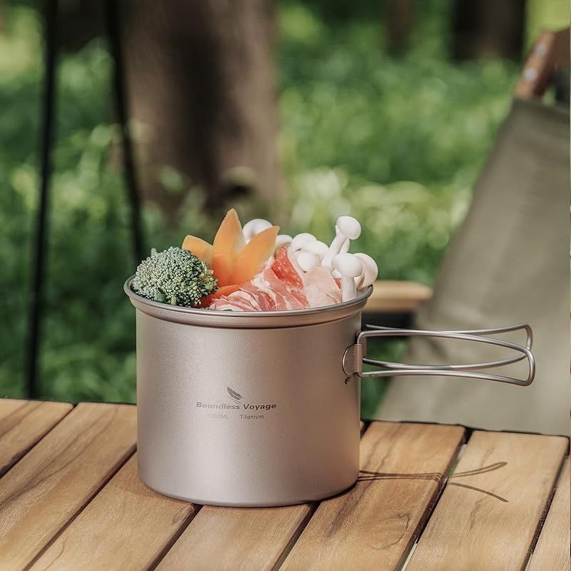 Boundless Voyage チタンクッカーセット ソロキャンプ コッヘル フライパン ポット 登山鍋 キャンピング調理器具 軽量 コンパクト 折りたたみハンドル クッカーセット アウトドア キャンプ用品 収納袋付き 2点セット OLIVEOS_COM_TR