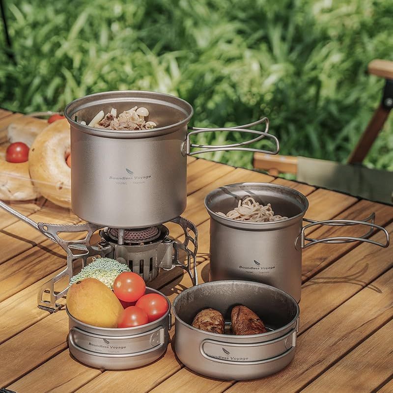 Boundless Voyage チタンクッカーセット ソロキャンプ コッヘル フライパン ポット 登山鍋 キャンピング調理器具 軽量 コンパクト 折りたたみハンドル クッカーセット アウトドア キャンプ用品 収納袋付き 2点セット