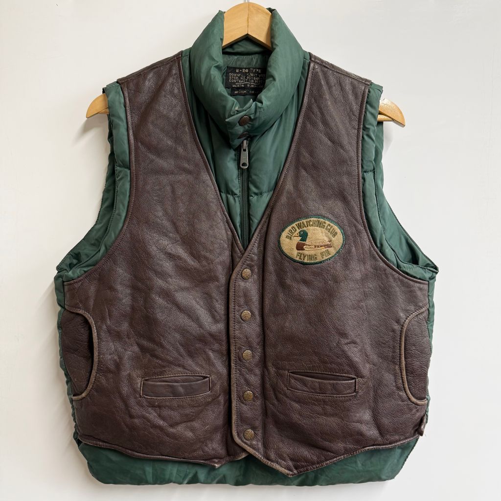 FLIGHT VEST ダウンフィル フライトベスト ダウンベスト 切り替えデザイン ダウン レザー フルジップ ポケット付き グリーン ブラウン Mサイズ No L 115