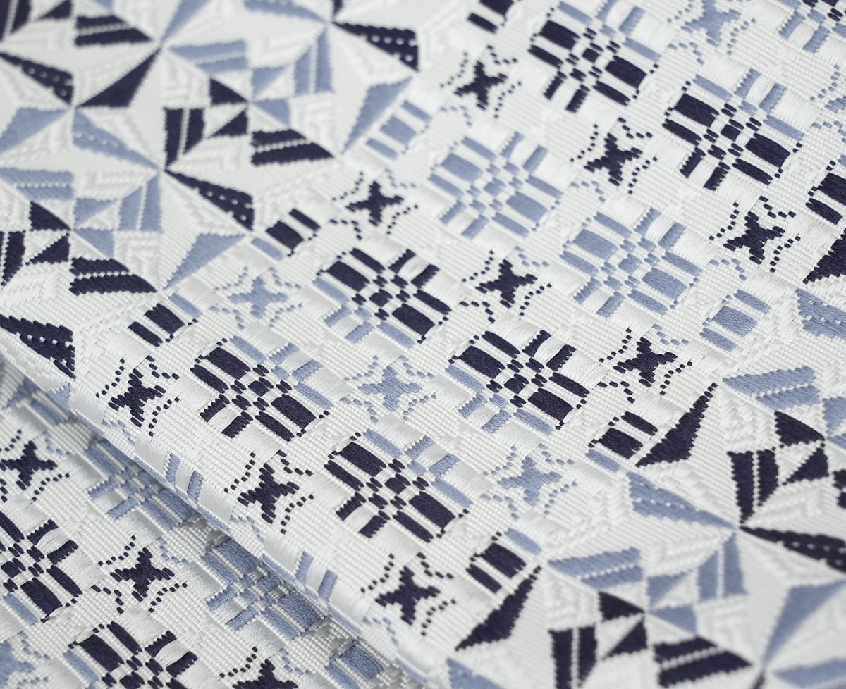 新品未仕立 博多帯 協和織 八寸名古屋帯 寄木細工文様 白×紺 仕立代込