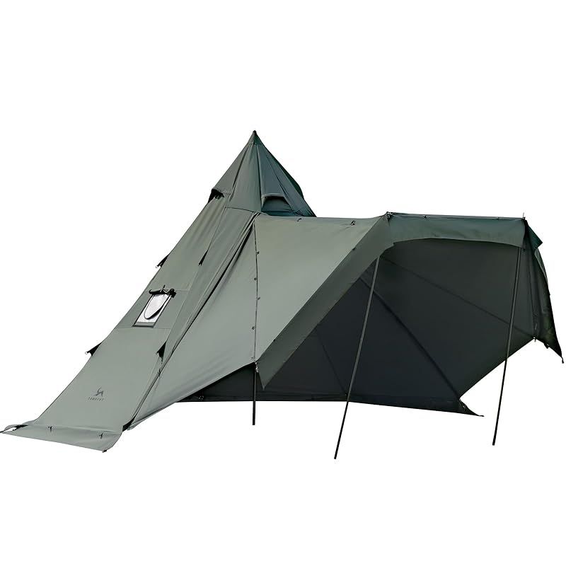 TOMOUNT ワンポールテント 2 4人用 tcテント 高さ2 8 m ポリコットン ティピーテント サイドウォール付き 煙突穴付き 防撥水 通気性 難燃 焚火 4シーズン適用 グリーン テント