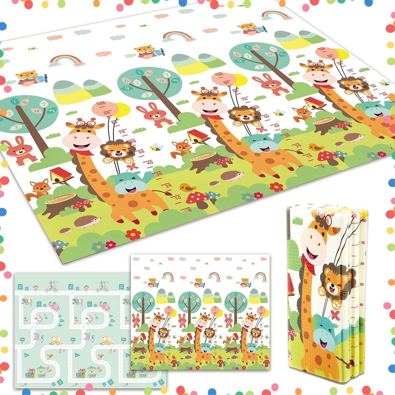 在庫 防音 折りたたみ 防水 赤ちゃん 安全素材 ベビープレイマット 遊べる 両面使用可 保育士監修 fungooR 滑り止め 日本メーカー製安全検査済 200x180x2cm ベビーマット パターン１ キリン×道路