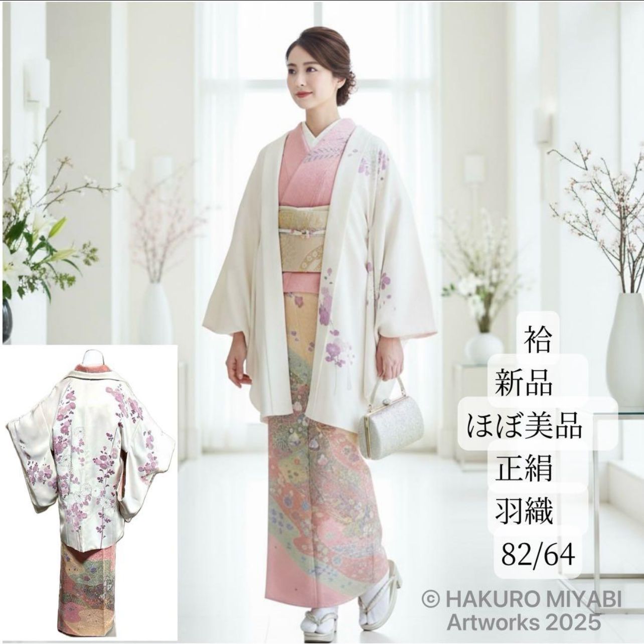 羽織 袷 正絹 友禅 身丈82 cm 裄丈64 Haori Only Near Excellent Silk Lined Yuzen Length 82 32.3 in Sleeve 64 25