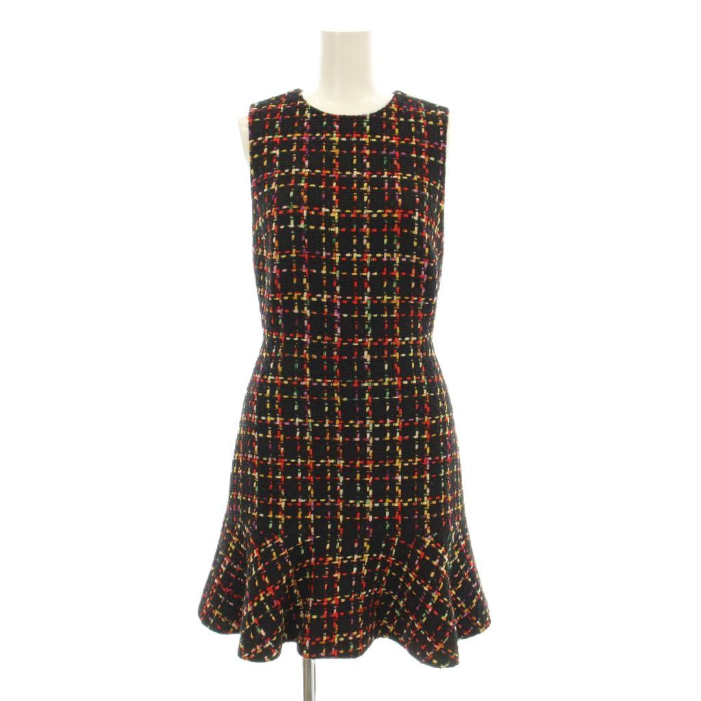アリスオリビア alice olivia ソニー ツイード スリーブレス ラッフル ドレス ワンピース ひざ丈 ノースリーブ ウール混 0 黒 ブラック マルチ 65203-1-10021 KU