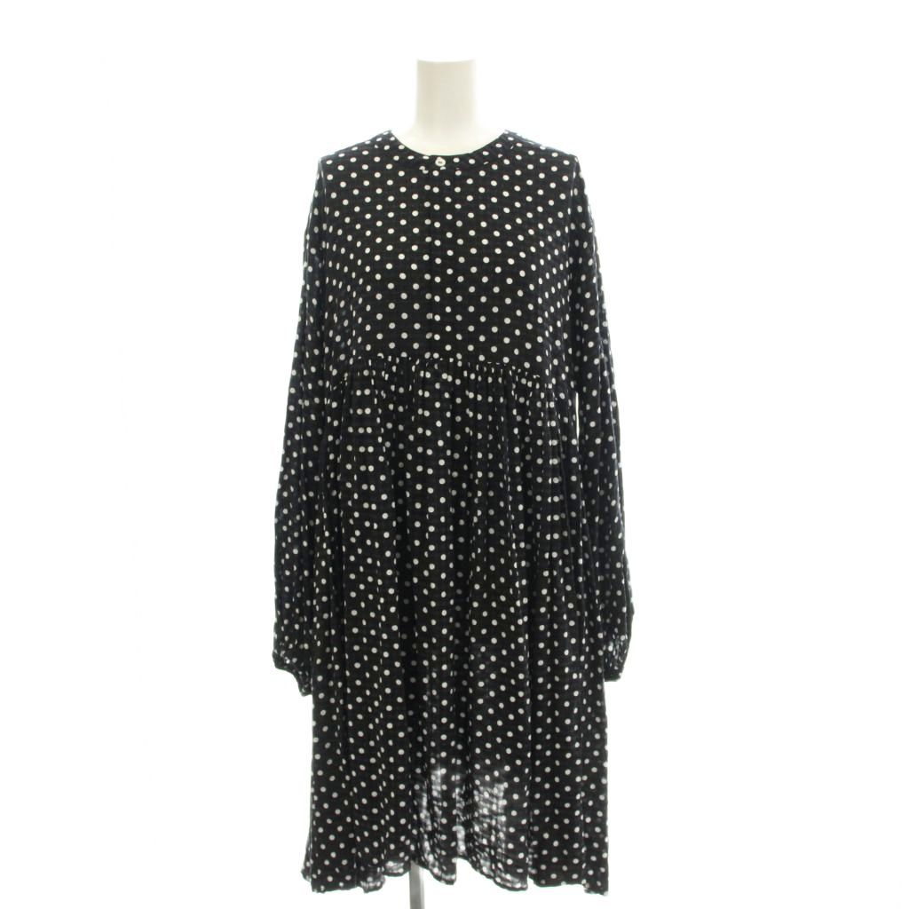 ビアズリー BEARDSLEY ガリャルダガランテ フ ワンピース ギャザー ひざ丈 長袖 クルーネック チェック柄 ドット柄 F 黒 ブラック グレー 白 ホワイト BB