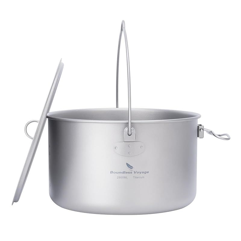 Boundless Voyage チタンクッカー ポット 調理器具 キャンプファイヤー用品 ハンギングポット 鍋 錆びない 軽量 折り畳み式ハンドル ソロキャンプ アウトドアキャンプ用品 料理器具 収納バッグ付き 2900ml 吊り鍋 Ti204