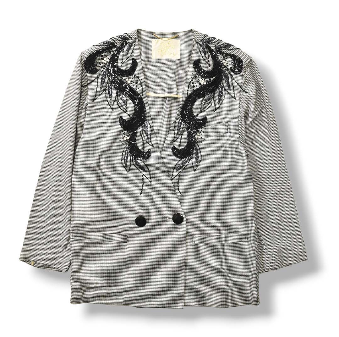 伊太利屋 スパンコール刺繍 ノーカラージャケット 7A2 千鳥格子柄