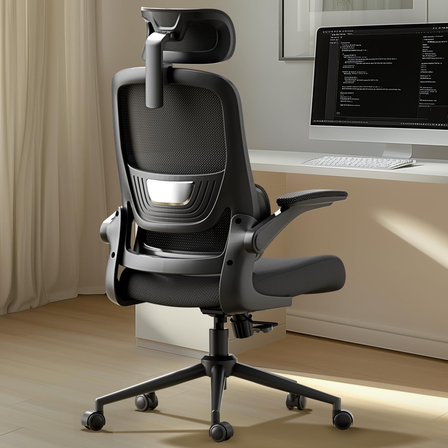 Hbada P 1 椅子 オフィスチェア デスクチェア チェア イス パソコンチェア いす 跳ね上げ式アームレスト コンパクト ワークチェア ロッキング pcチェア 事務椅子 360度回転 座面昇降 強化ナイロン樹脂ベース メッシュチェア テレワーク 在宅