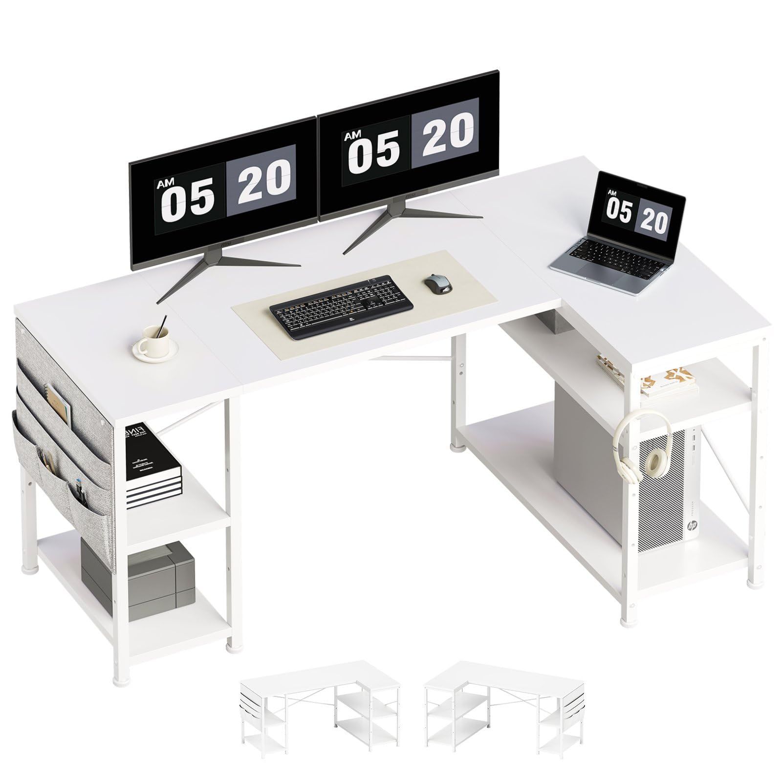 YeTom パソコンデスク勉強机 学習机ク l字デスク 机pcデスク幅130 cm ゲーミングデスク 左右入替可棚板高さ調節 収納袋付き オフィスデスク ワークデスク白い