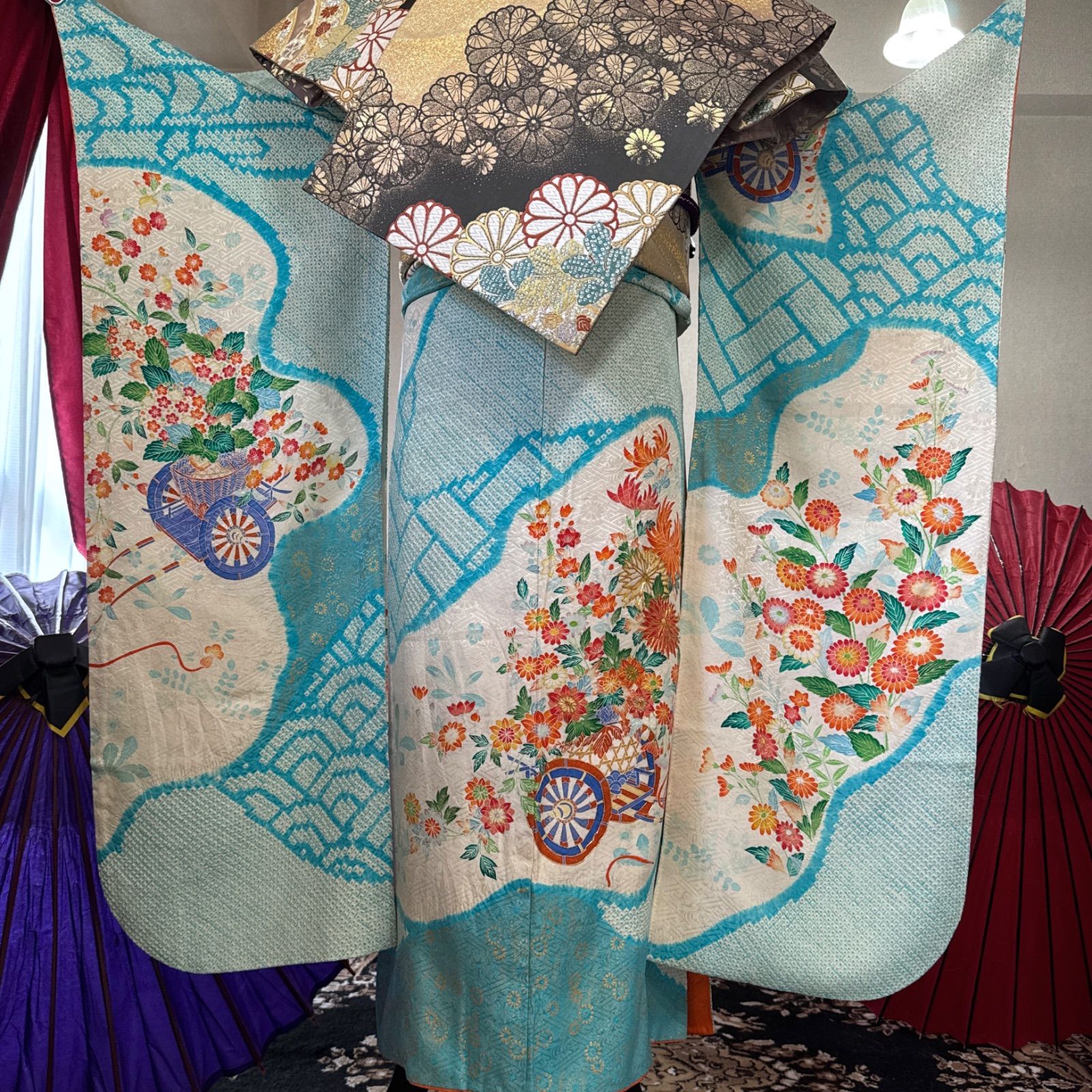 正絹・振袖フルセット・鹿の子絞り・金駒刺繍・花車・菊・FS409 - メルカリ