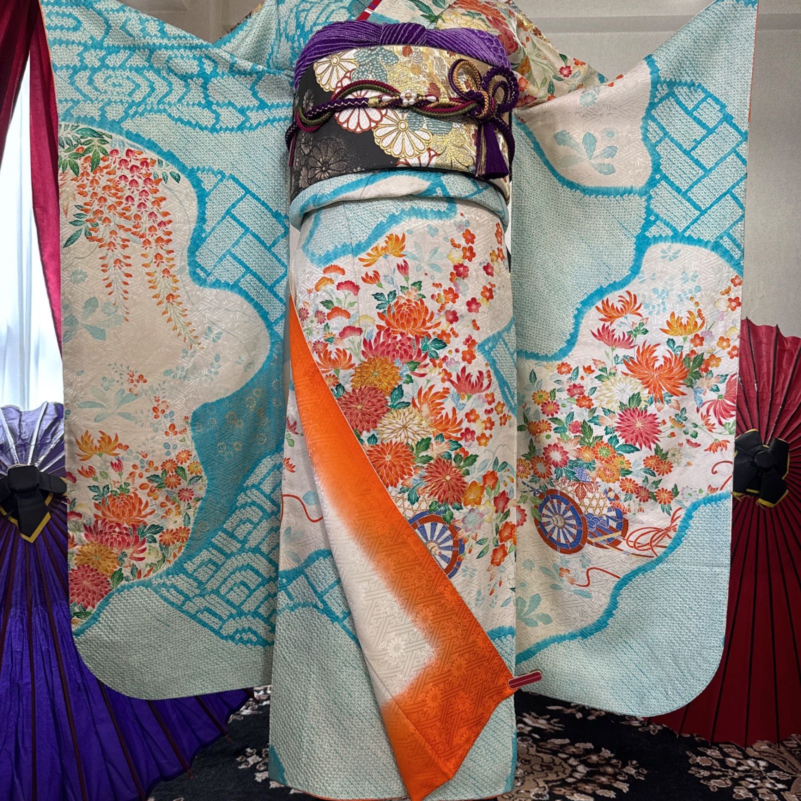 正絹・振袖フルセット・鹿の子絞り・金駒刺繍・花車・菊・FS409 - メルカリ