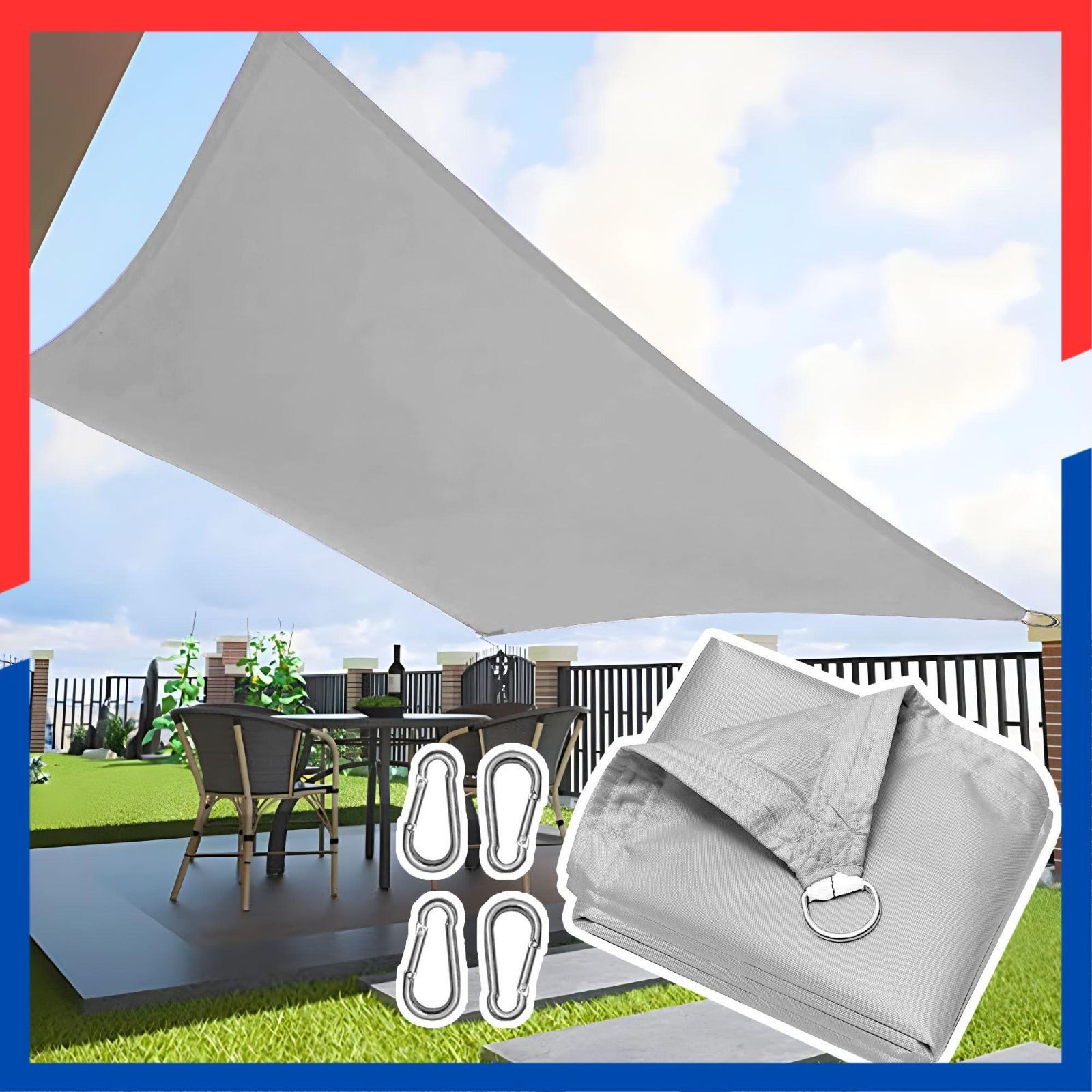 簡単設置 タープ 400 Dポリエステル 目隠し ベランダ 庭 屋外 遮光ネット 雨よけ 日除けシェード 四隅にはD型メタルバックルが付属 グレー 4 M 6 防水 サンシェード