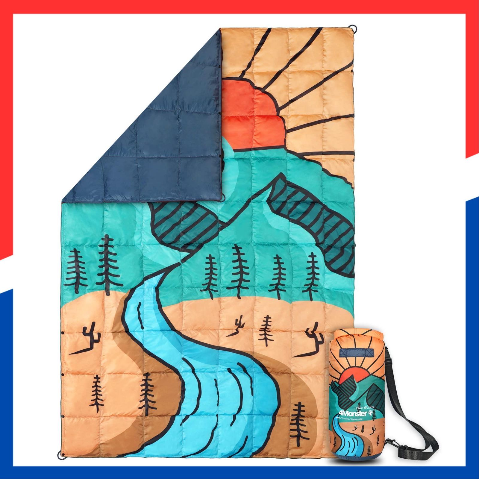 商品 ひざ掛け コンパクト 防風 肩掛け 防水 掛け布団 軽量 旅行 暖かい キャンプ 柔らかい アウトドア 防寒 収納袋付き マルチブランケット 春秋冬使用 ブランケット ダウン プリント-朝日 4Monster