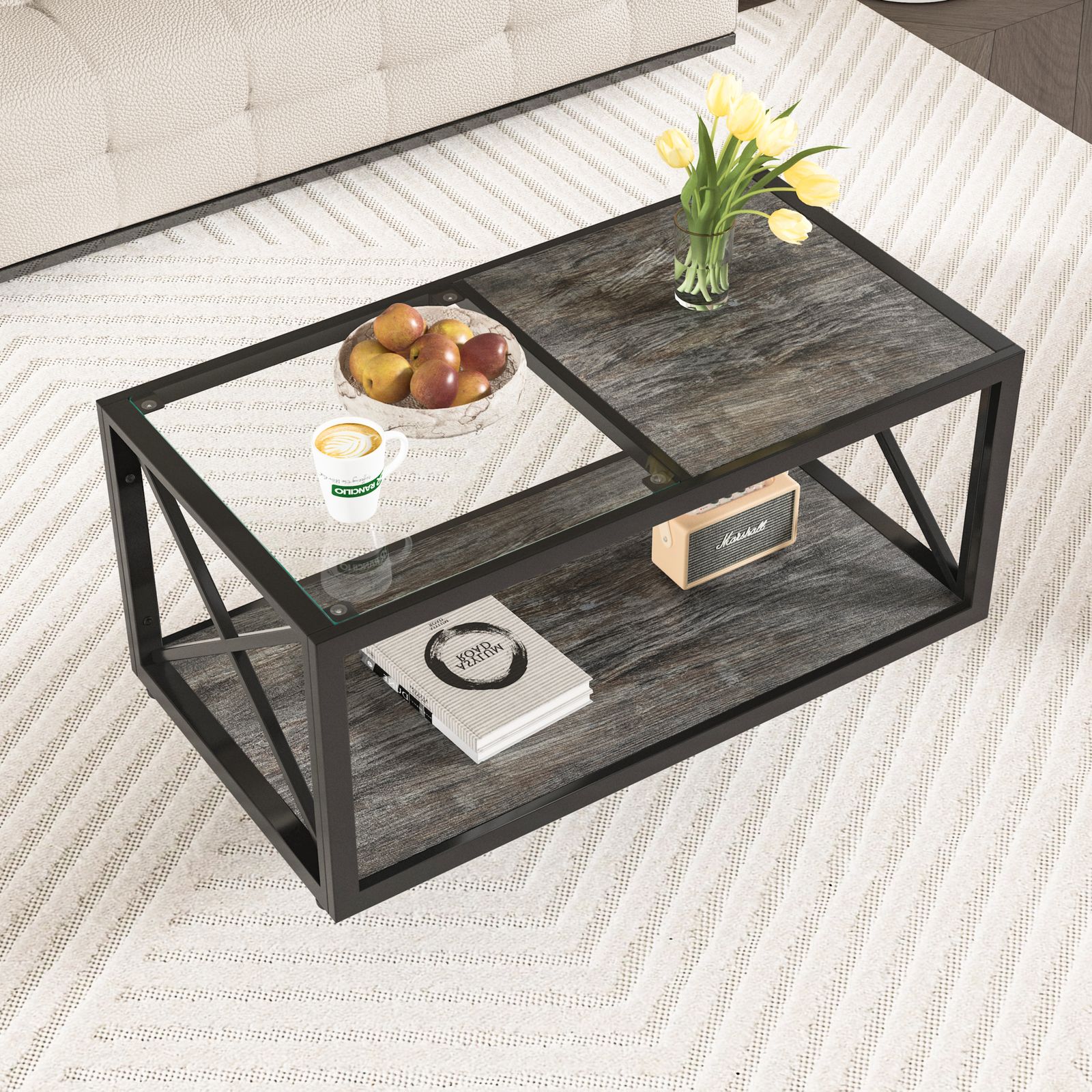 ブラック モダン長方形コーヒーテーブル 強化ガラス天板+MDF収納棚