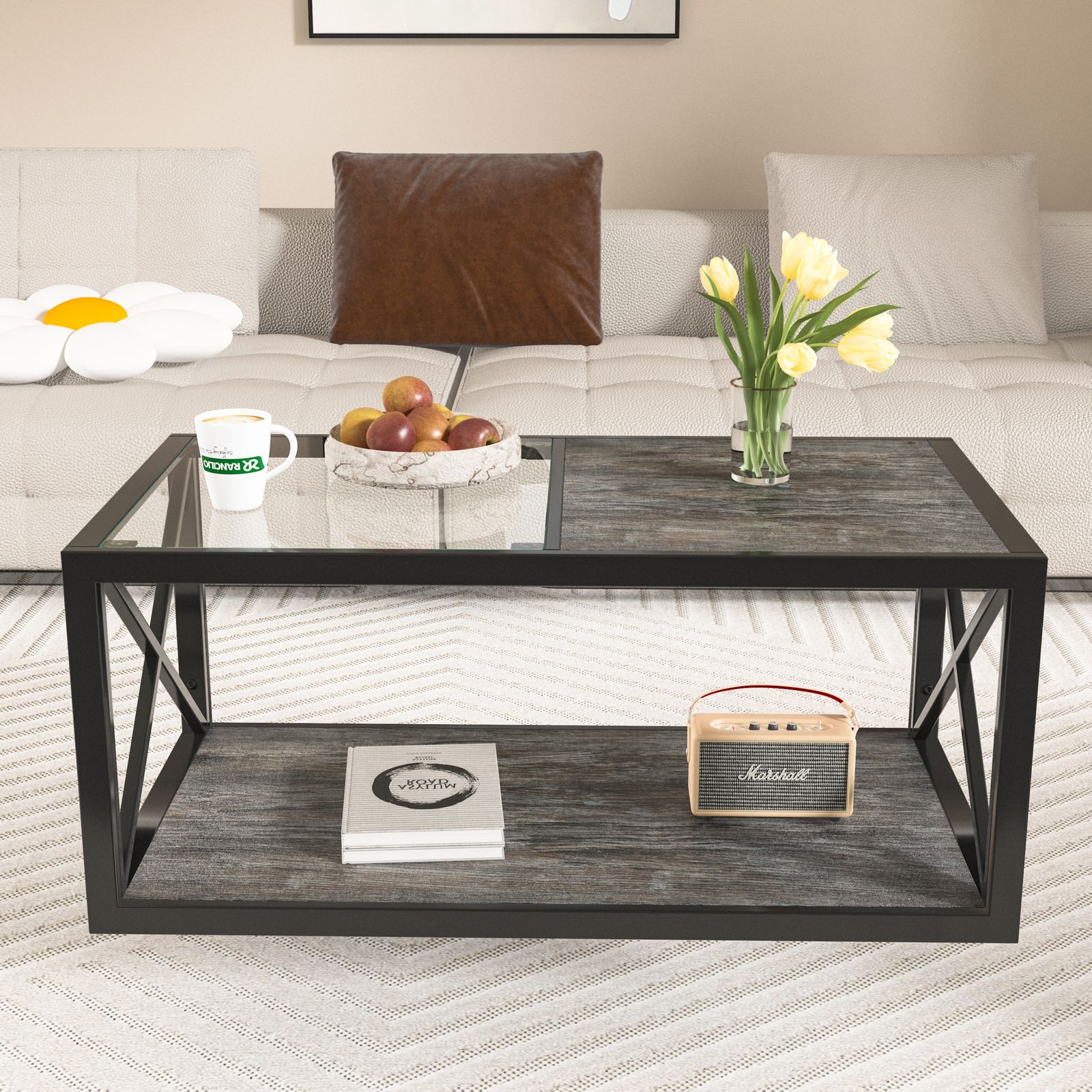 長方形コーヒーテーブル リビング用 強化ガラス天板×ウッド調MDF