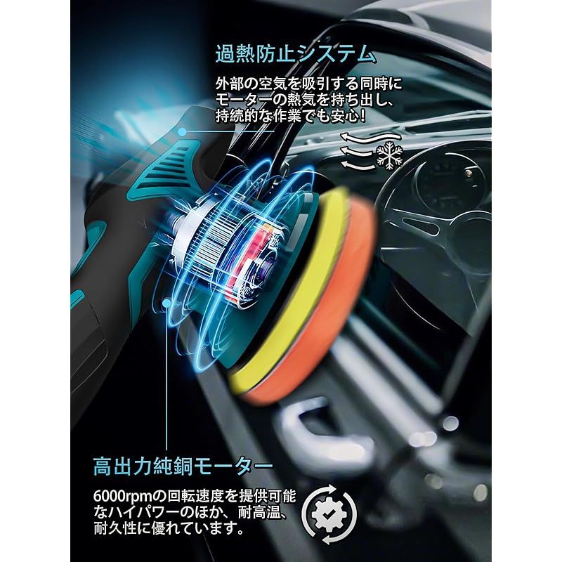  Lampat ポリッシャー 車 ダブルアクション マキタ18 Vリチウムバッテリー対応 コードレス 電動ポリッシャー 充電式 8段階変速 150 mm裏板 6000-2500 RPM 強力モーター 過熱防止機能 バッテリー残量表示 偏心構造 ワックス掛け 艶出し ポリッシャー 研磨機